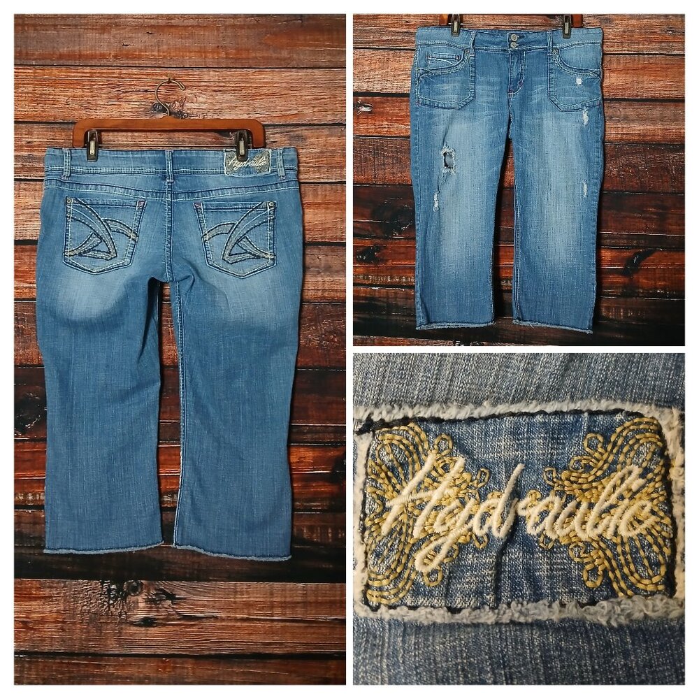 Hydraulic Capri Jeans 17 18 Low Rise Distressed Raw Hem Embroidered Blue Denim